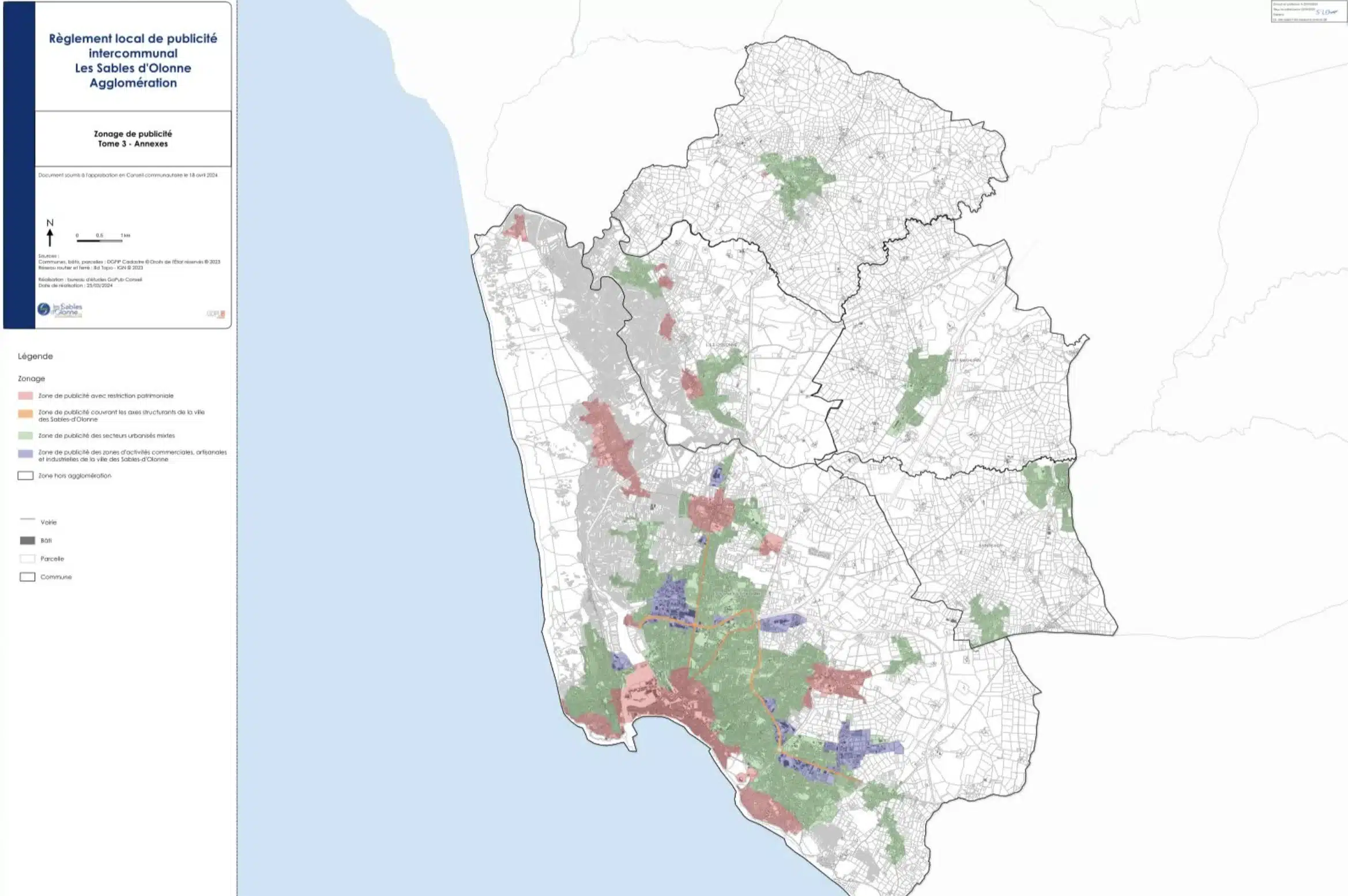 Carte du règlement local de publicité intercommunal des Sables d’Olonne montrant les zones autorisées