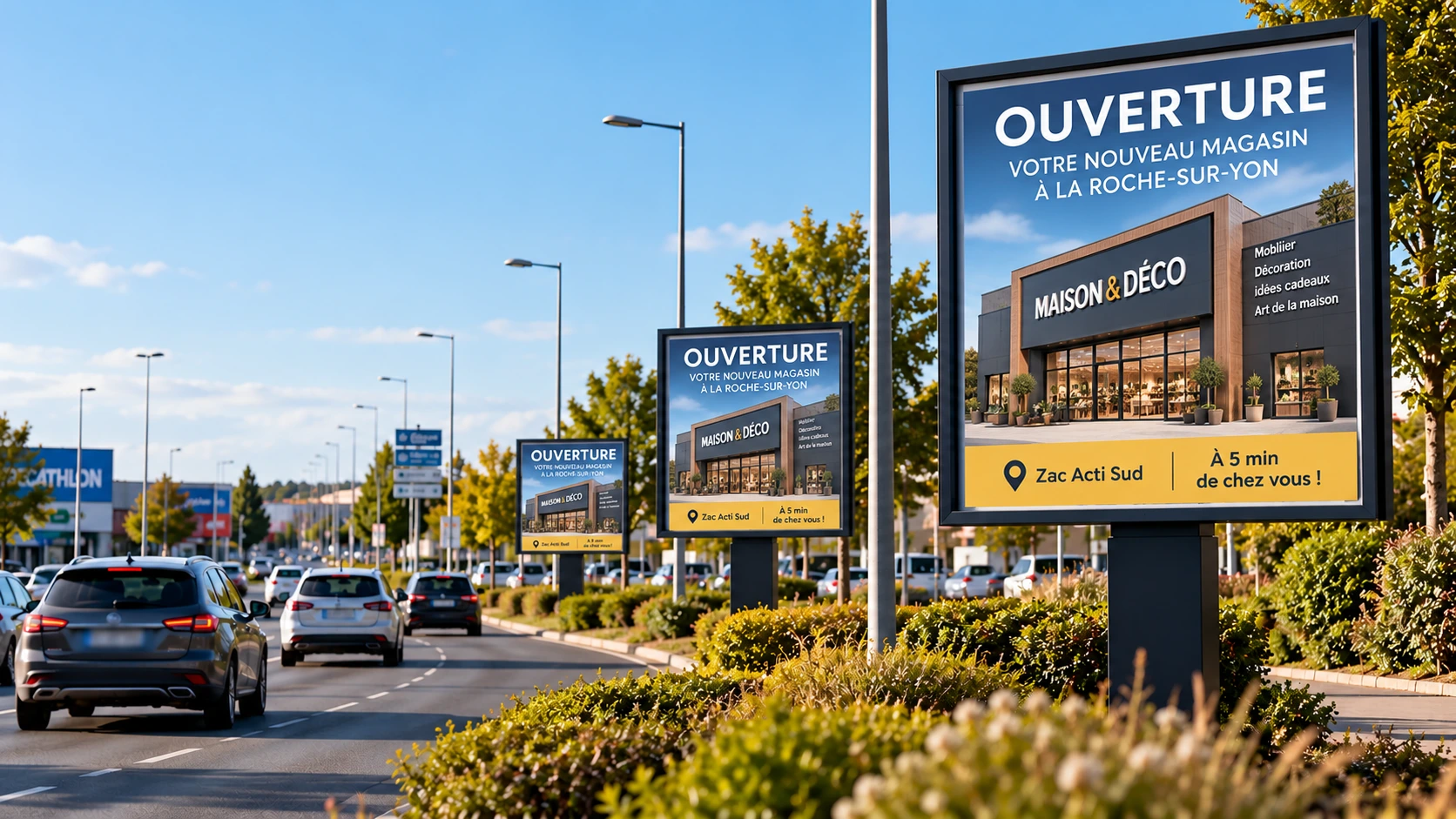 Plusieurs panneaux publicitaires diffusant la même campagne d’ouverture d’un magasin fictif à La Roche-sur-Yon, illustrant la répétition en affichage extérieur.